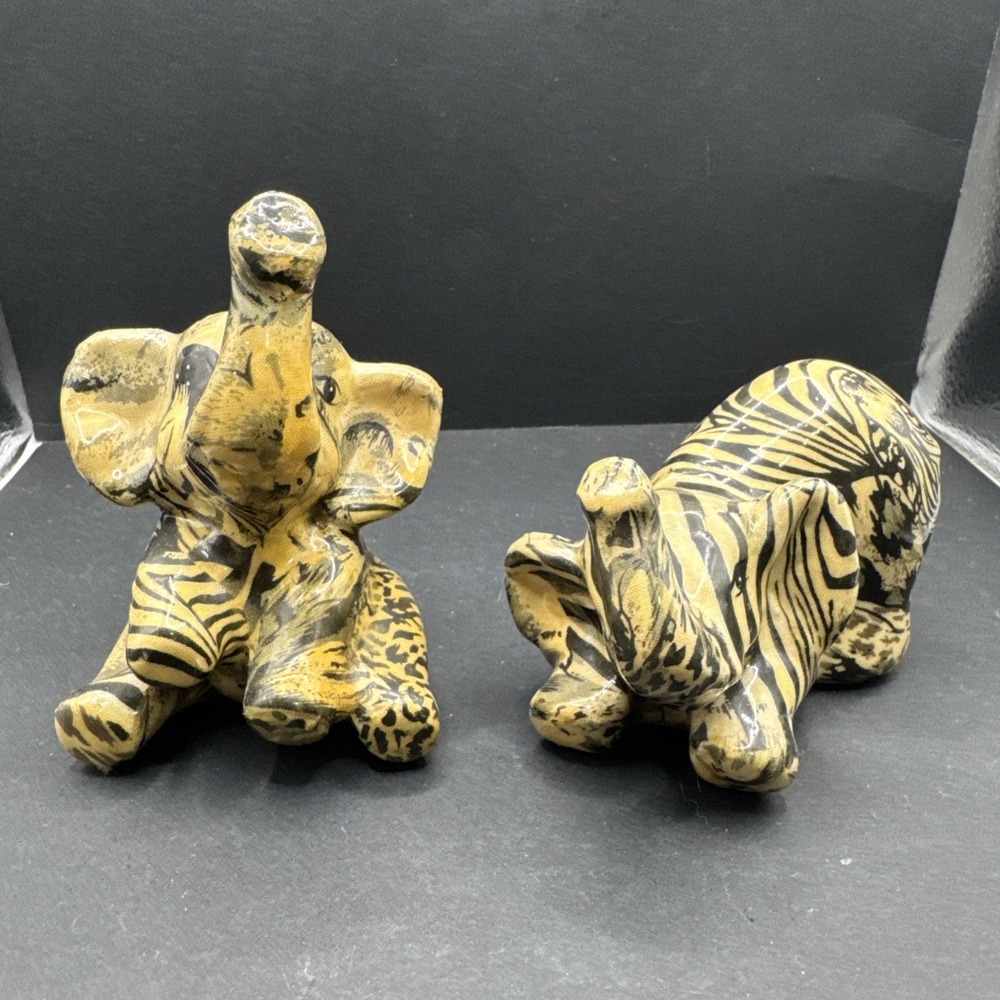 Set of 2 La Vie African Safari Patchwork Elephants Ceramic Figurines 3 3/4" tall